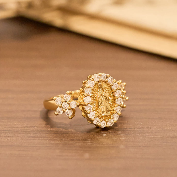 Golden Our Lady Ring with Dual Floral Accents & Zircon Halo