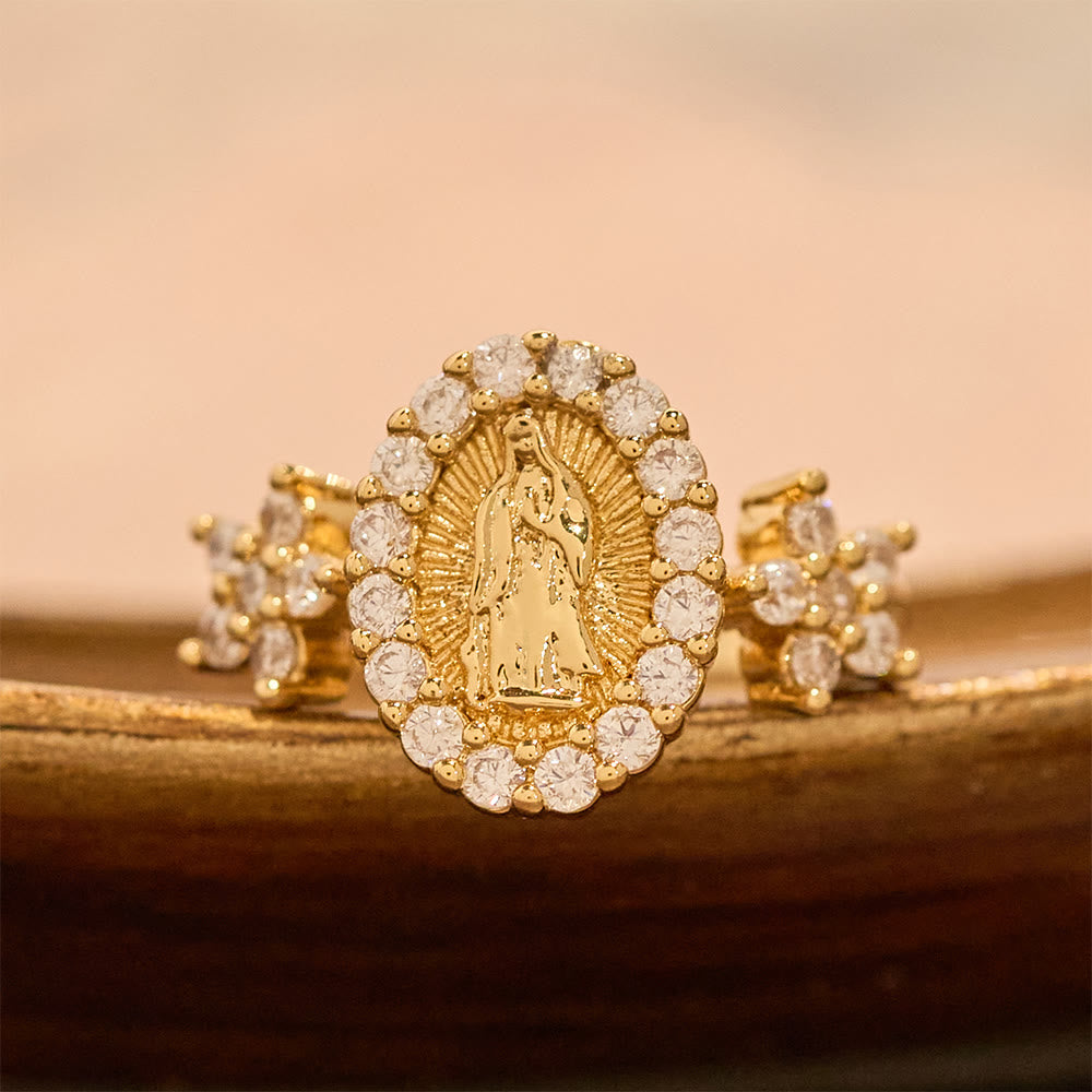 Golden Our Lady Ring with Dual Floral Accents & Zircon Halo