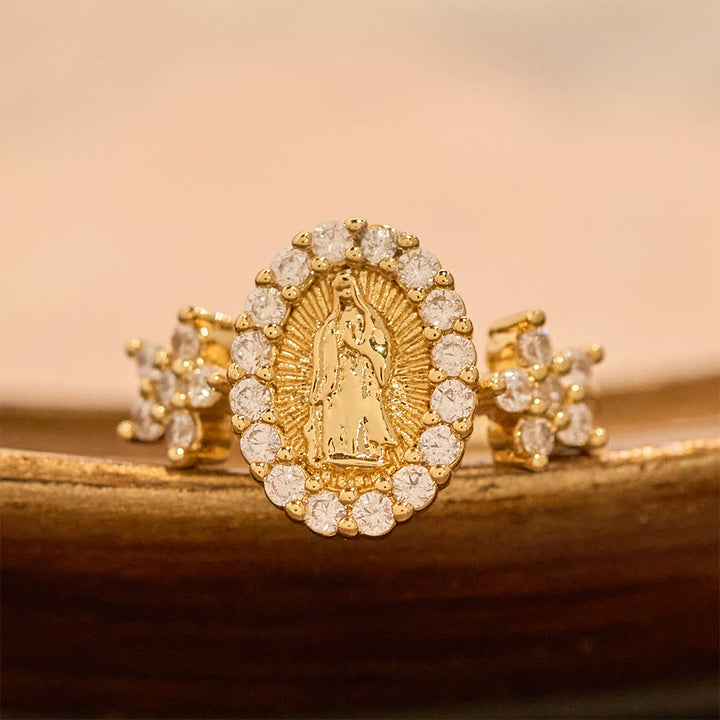 Golden Our Lady Ring with Dual Floral Accents & Zircon Halo