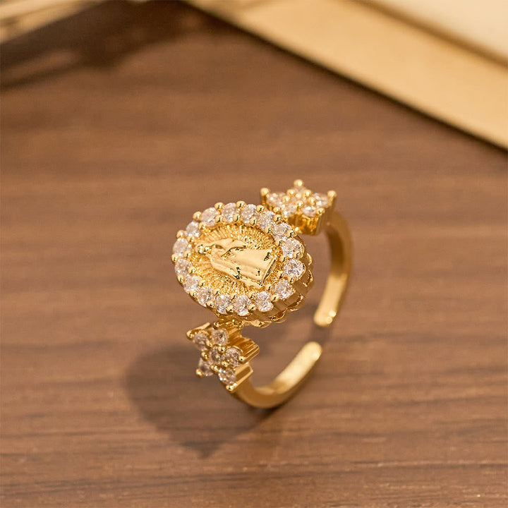 Golden Our Lady Ring with Dual Floral Accents & Zircon Halo