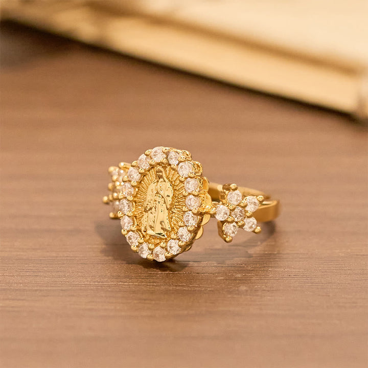Golden Our Lady Ring with Dual Floral Accents & Zircon Halo