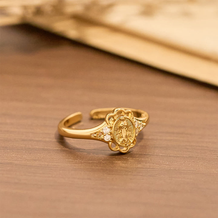 Filigree Our Lady Zircon Ring: Emblem of Marian Grace & Delicacy