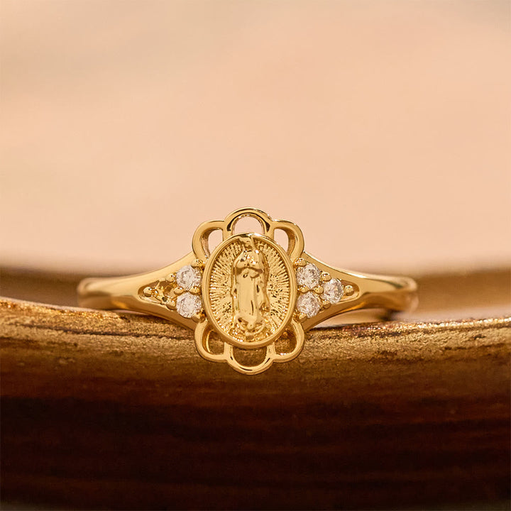 Filigree Our Lady Zircon Ring: Emblem of Marian Grace & Delicacy