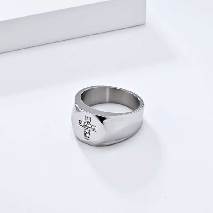 Tri-Finish Thick Band Cross Zircon Ring: A Symbol of Unbreakable Faith & Grace