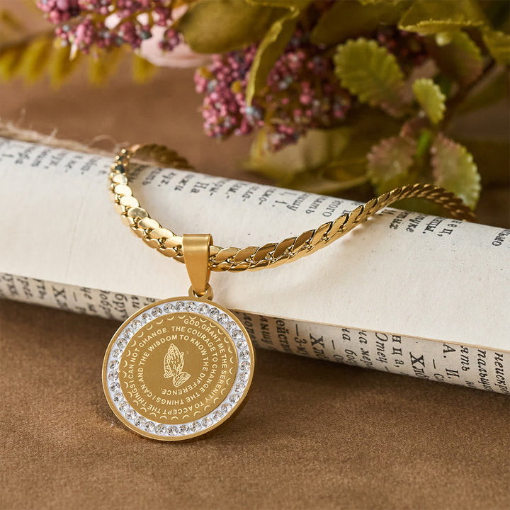 Zircon-Framed Praying Hands Scripture Necklace: Emblem of Divine Humility