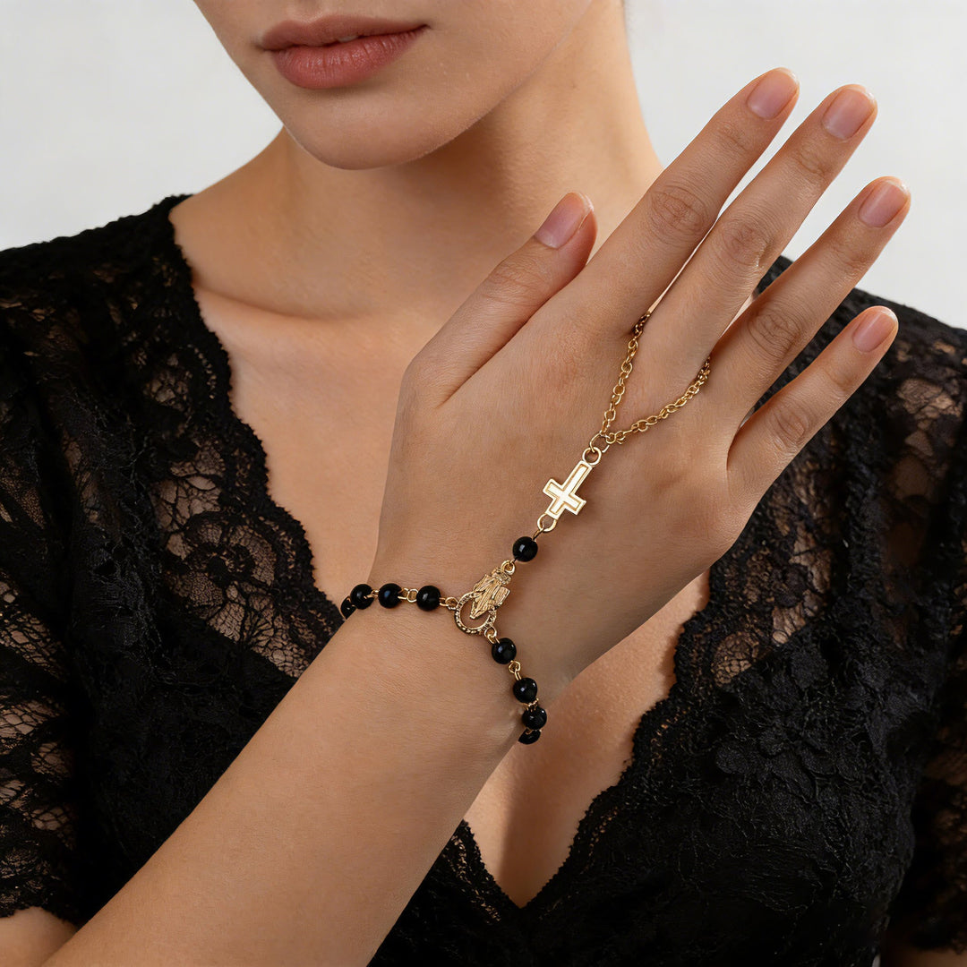 Gemstone Bead Crucifix Finger Chain Rosary Bracelet: Emblem of Divine Devotion & Elegance