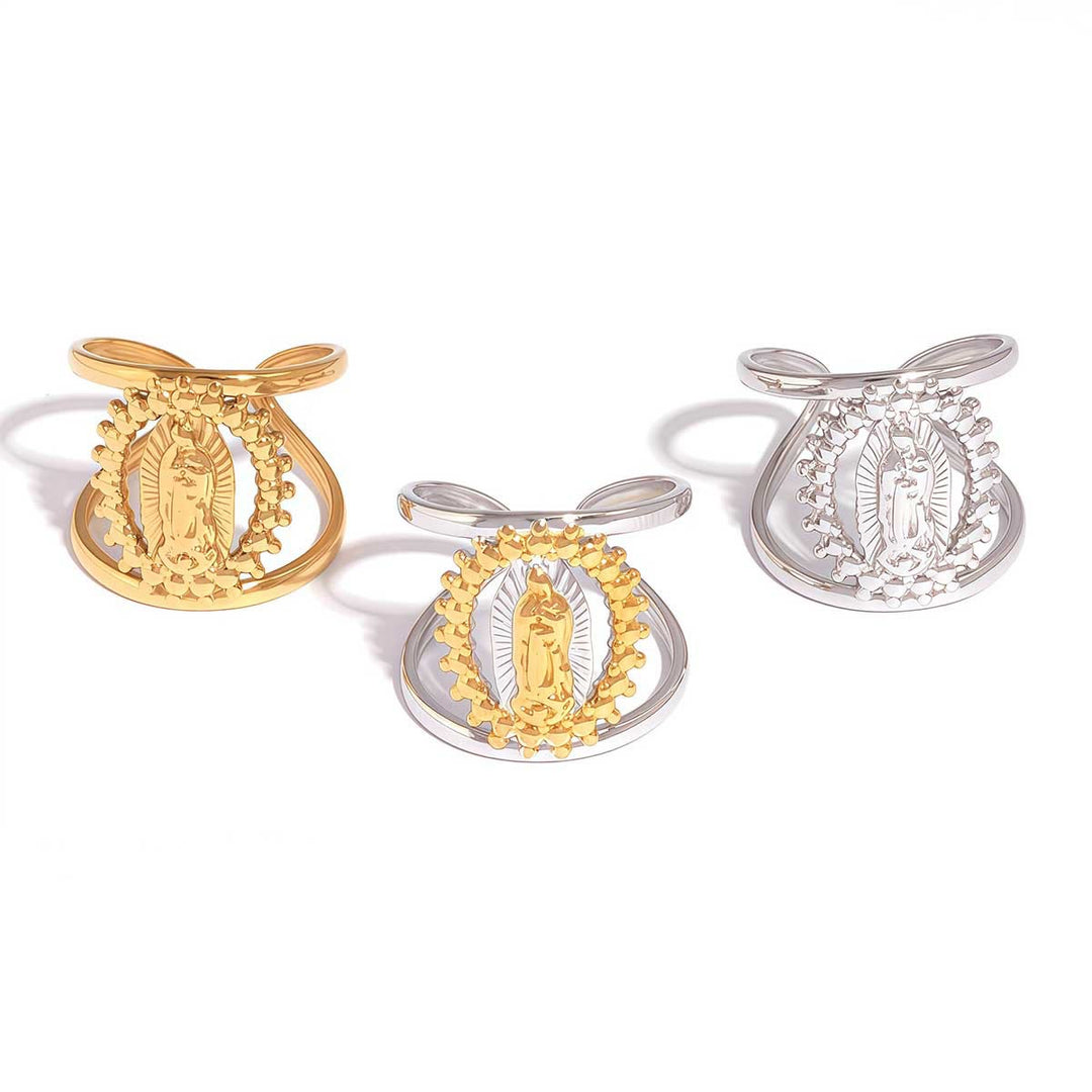 Tri-Color Hollow Frame Our Lady Band Ring: A Symbol of Divine Light & Devotion