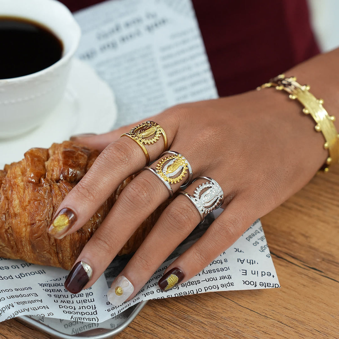Tri-Color Hollow Frame Our Lady Band Ring: A Symbol of Divine Light & Devotion