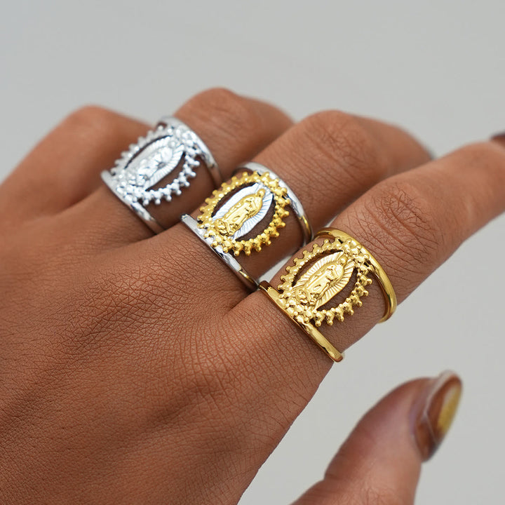 Tri-Color Hollow Frame Our Lady Band Ring: A Symbol of Divine Light & Devotion