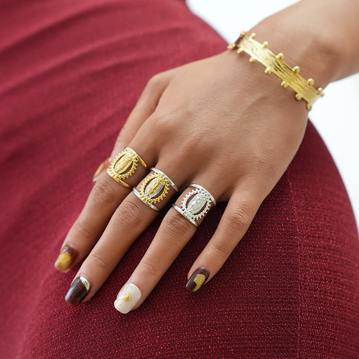 Tri-Color Hollow Frame Our Lady Band Ring: A Symbol of Divine Light & Devotion