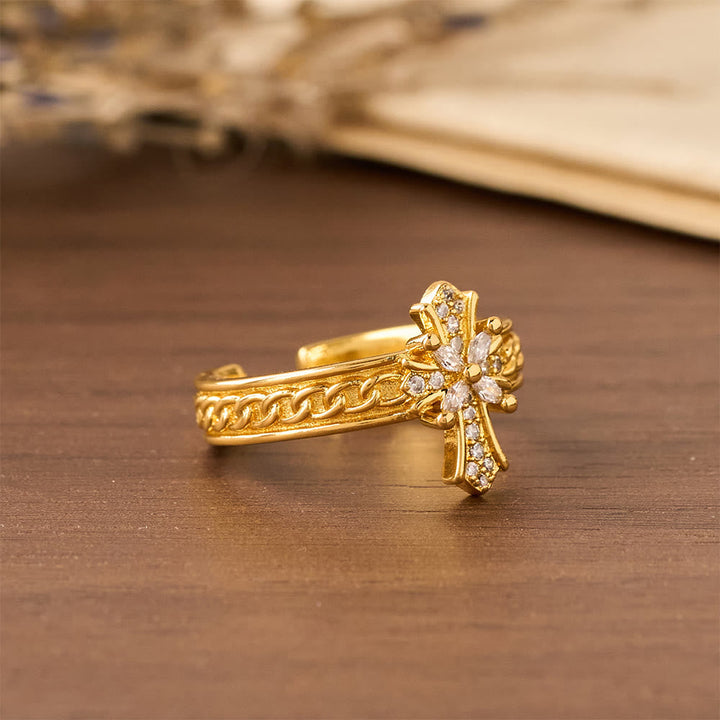 Zircon Cross Enamel Fleur-de-Lis Ring Set: Emblem of Divine Purity & Redemption