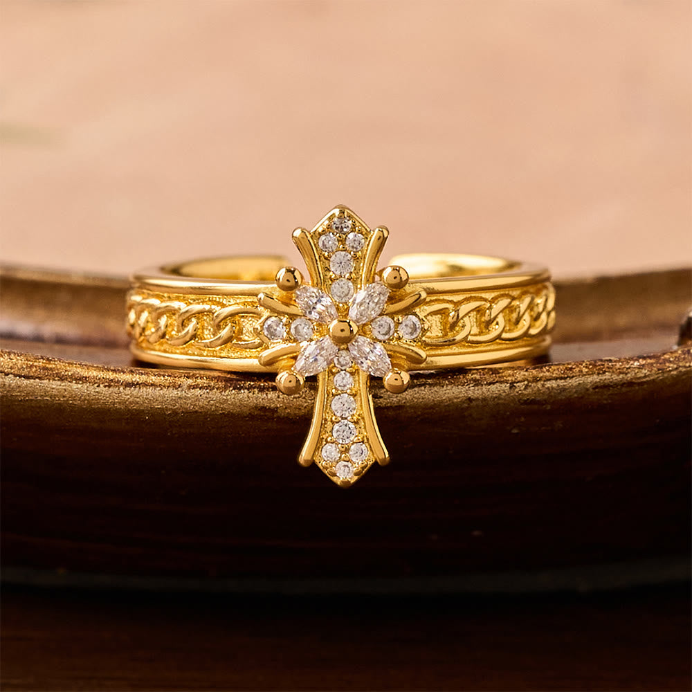 Zircon Cross Enamel Fleur-de-Lis Ring Set: Emblem of Divine Purity & Redemption