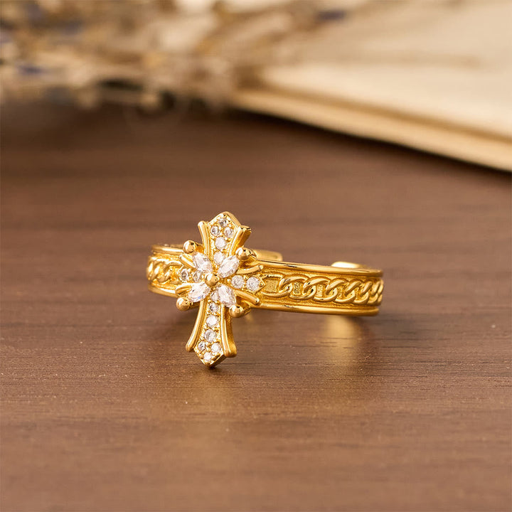 Zircon Cross Enamel Fleur-de-Lis Ring Set: Emblem of Divine Purity & Redemption