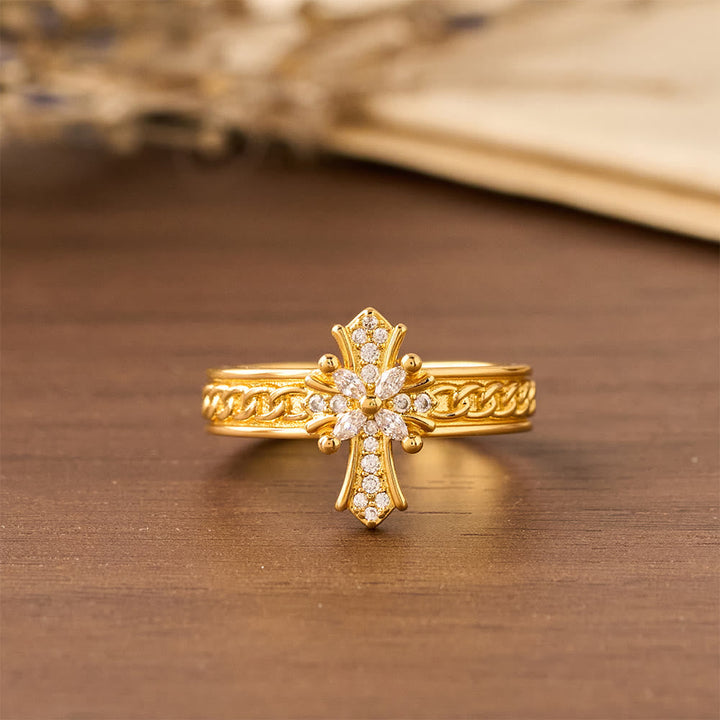 Zircon Cross Enamel Fleur-de-Lis Ring Set: Emblem of Divine Purity & Redemption