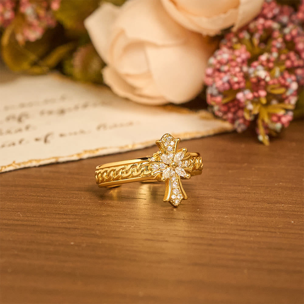 Zircon Cross Enamel Fleur-de-Lis Ring Set: Emblem of Divine Purity & Redemption