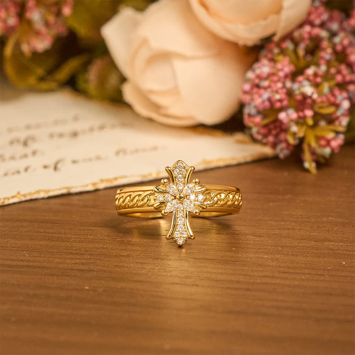 Zircon Cross Enamel Fleur-de-Lis Ring Set: Emblem of Divine Purity & Redemption