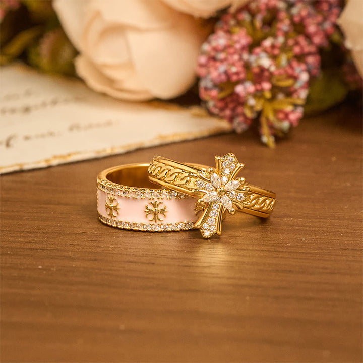 Zircon Cross Enamel Fleur-de-Lis Ring Set: Emblem of Divine Purity & Redemption
