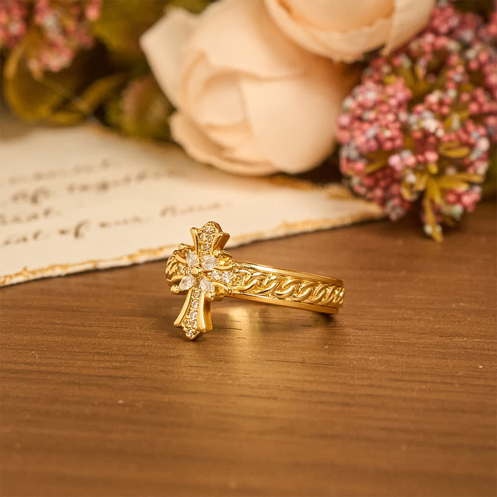 Zircon Cross Enamel Fleur-de-Lis Ring Set: Emblem of Divine Purity & Redemption