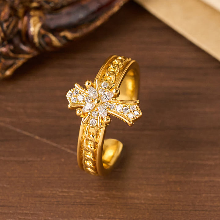 Zircon Cross Enamel Fleur-de-Lis Ring Set: Emblem of Divine Purity & Redemption