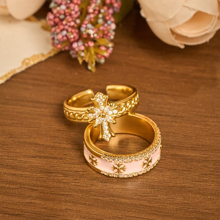 Zircon Cross Enamel Fleur-de-Lis Ring Set: Emblem of Divine Purity & Redemption