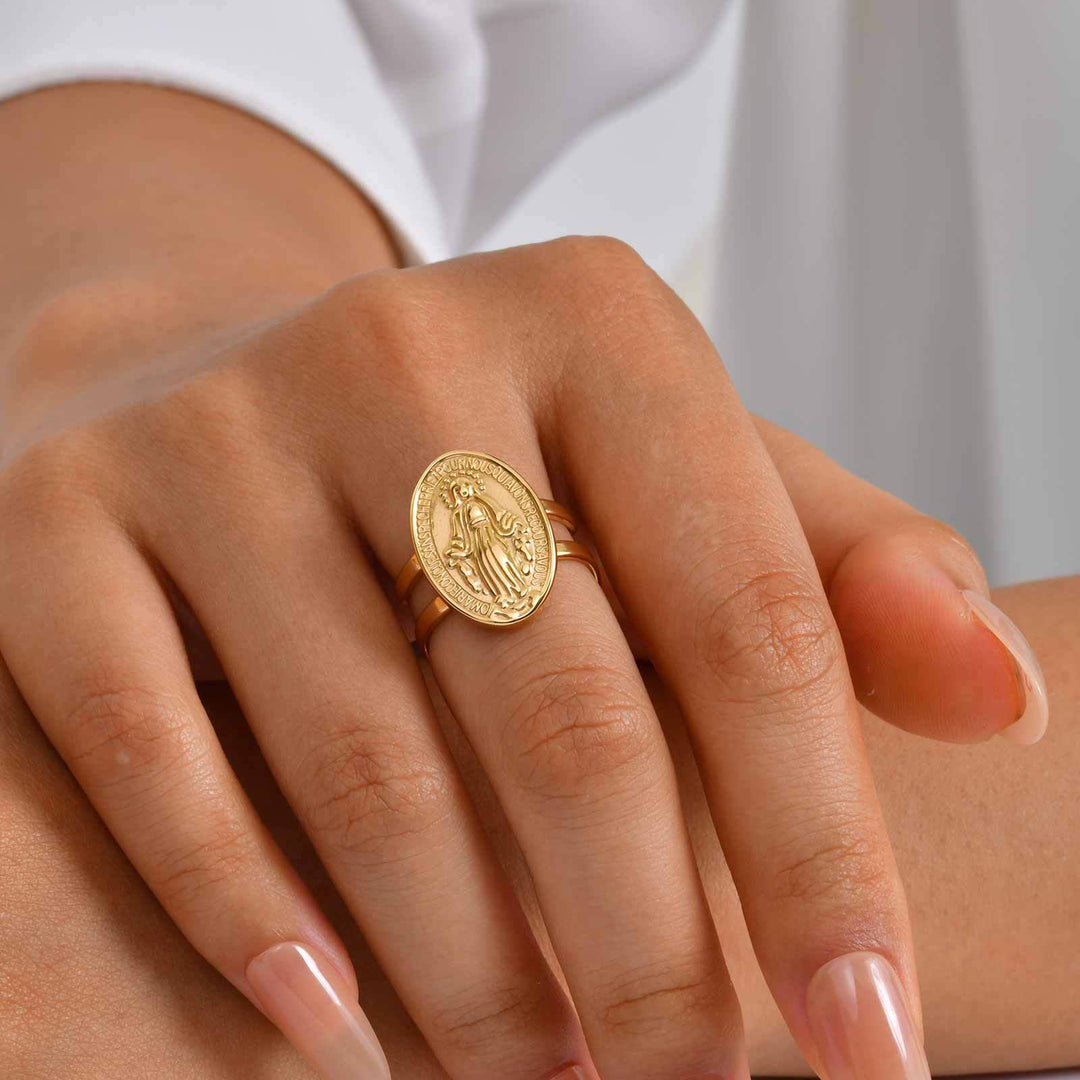 Our Lady Miraculous Medal CZ Halo Open Adjustable Faith Ring