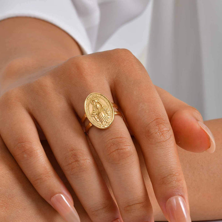 Our Lady Miraculous Medal CZ Halo Open Adjustable Faith Ring