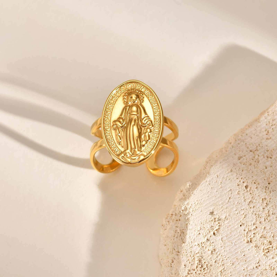 Our Lady Miraculous Medal CZ Halo Open Adjustable Faith Ring