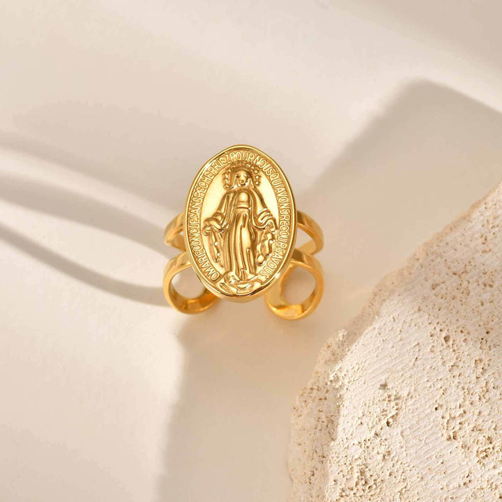 Our Lady Miraculous Medal CZ Halo Open Adjustable Faith Ring