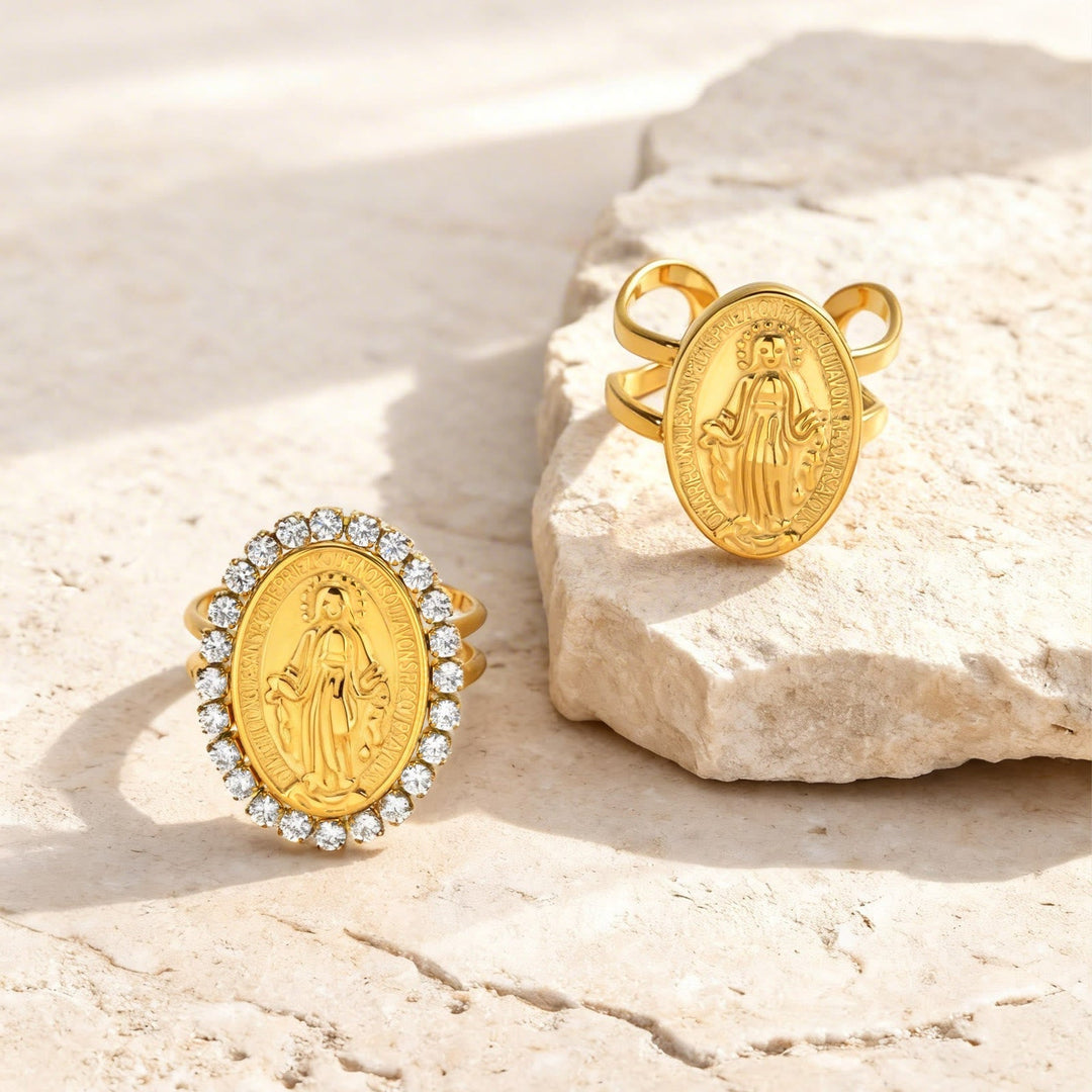 Our Lady Miraculous Medal CZ Halo Open Adjustable Faith Ring