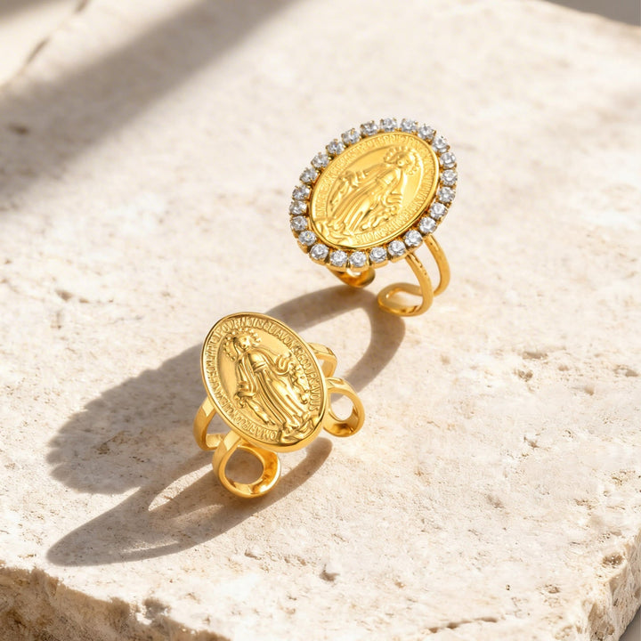 Our Lady Miraculous Medal CZ Halo Open Adjustable Faith Ring