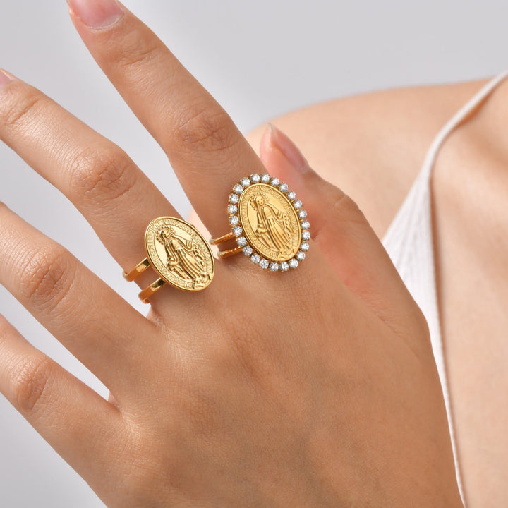 Our Lady Miraculous Medal CZ Halo Open Adjustable Faith Ring