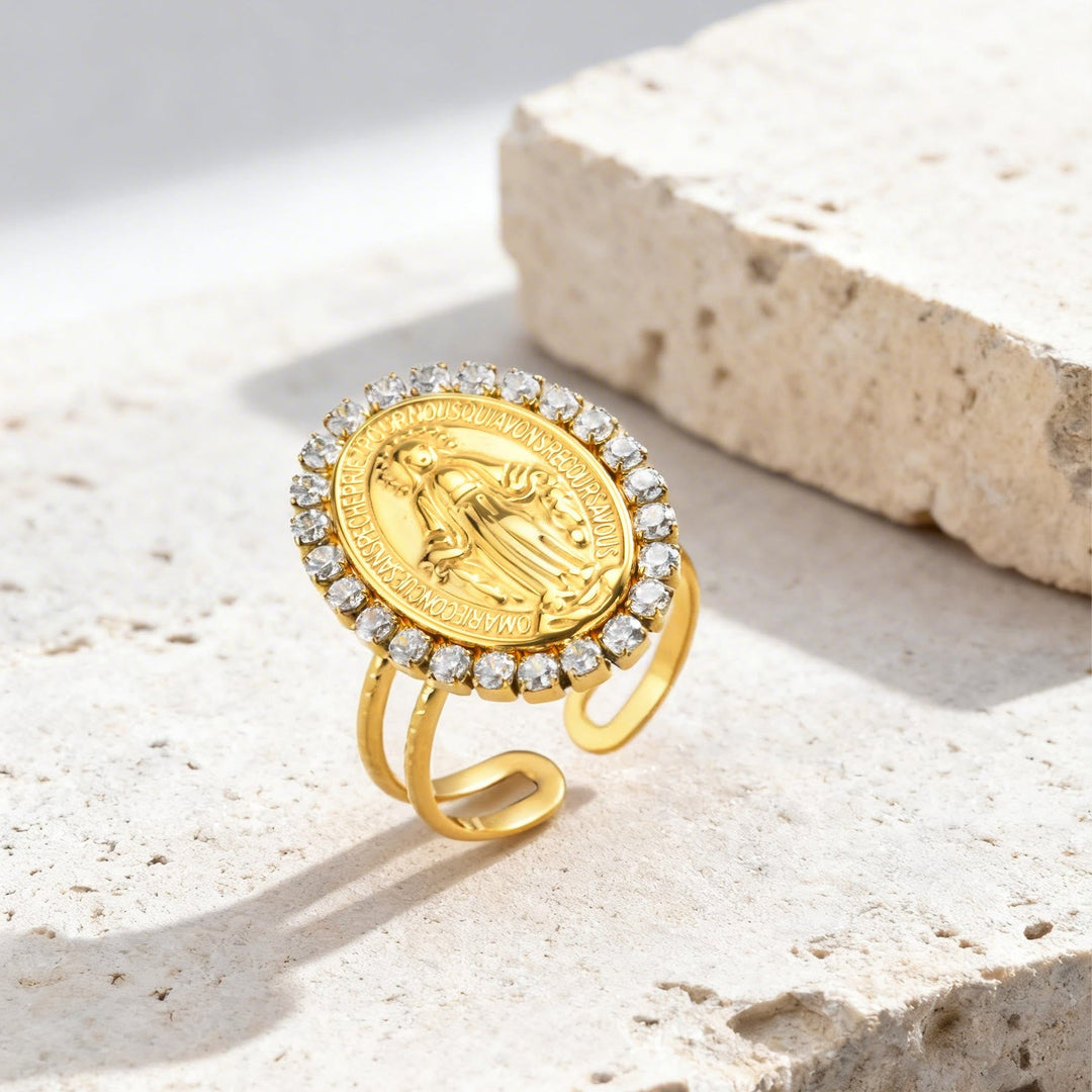 Our Lady Miraculous Medal CZ Halo Open Adjustable Faith Ring