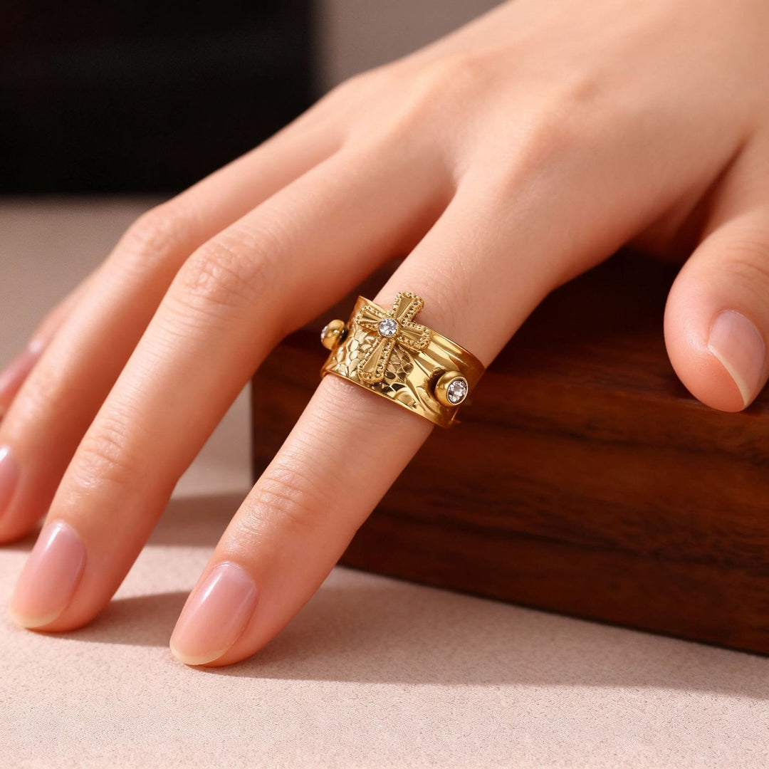 Redemption Cross CZ Embellished Wide Band Devotion Ring