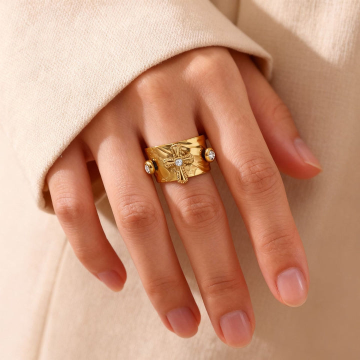 Redemption Cross CZ Embellished Wide Band Devotion Ring