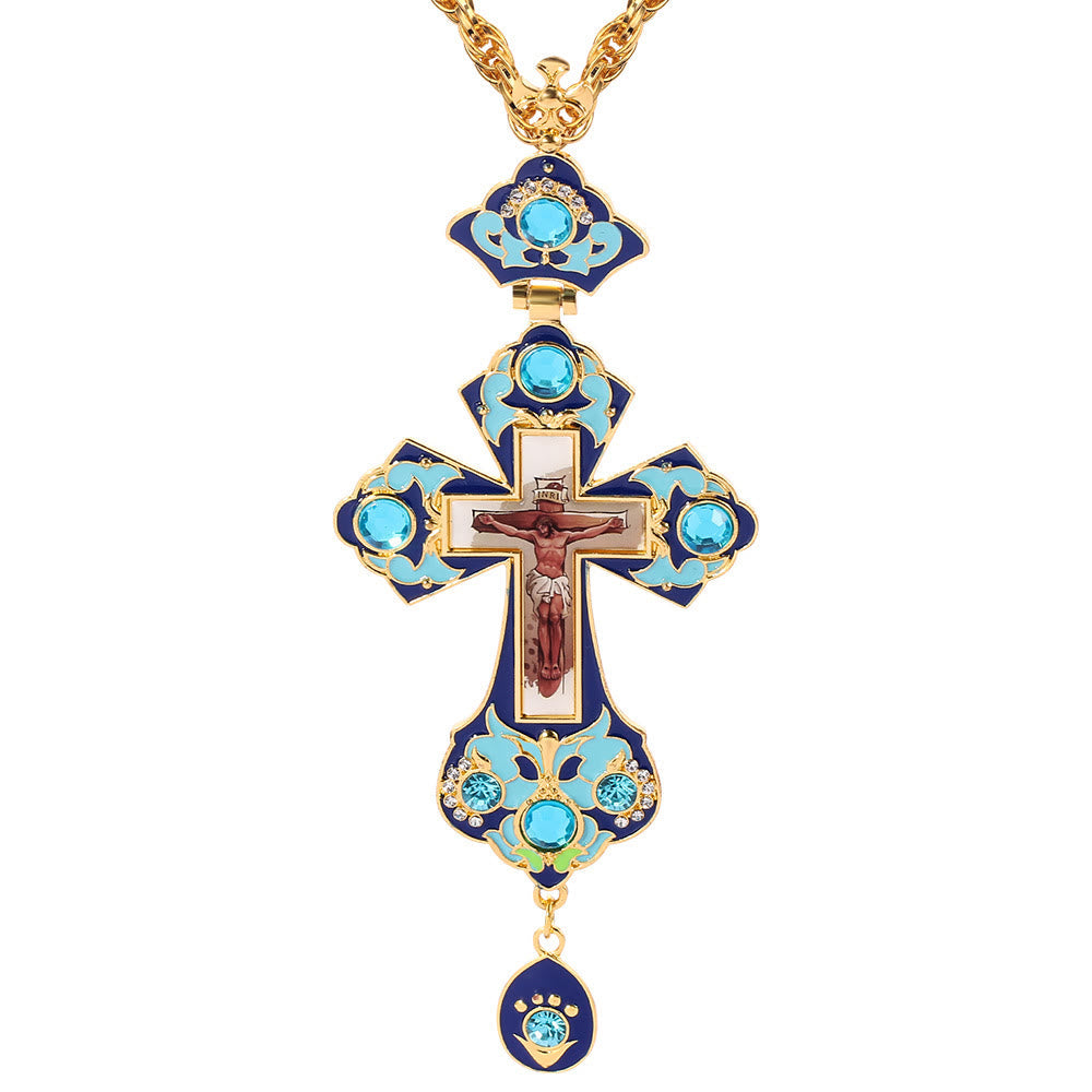 Gem-Adorned Ornate Orthodox Cross Pendant Necklace: Emblem of Redemption & Divine Glory