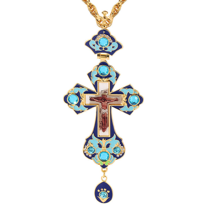 Gem-Adorned Ornate Orthodox Cross Pendant Necklace: Emblem of Redemption & Divine Glory