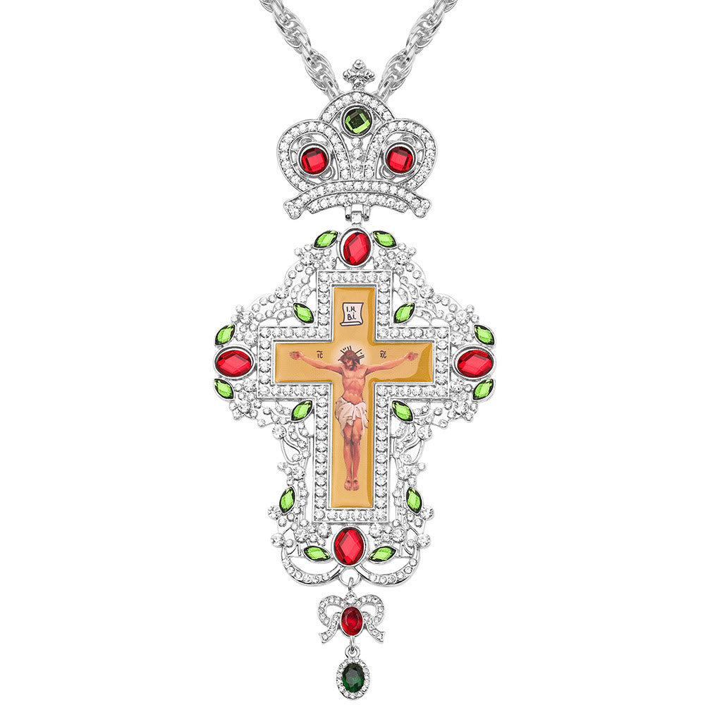 Gem-Adorned Ornate Orthodox Cross Pendant Necklace: Emblem of Redemption & Divine Glory