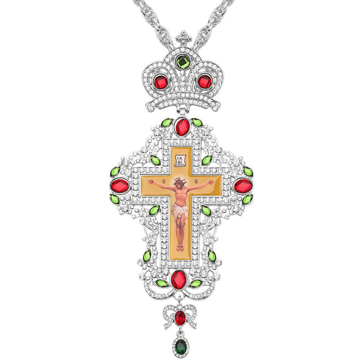 Gem-Adorned Ornate Orthodox Cross Pendant Necklace: Emblem of Redemption & Divine Glory