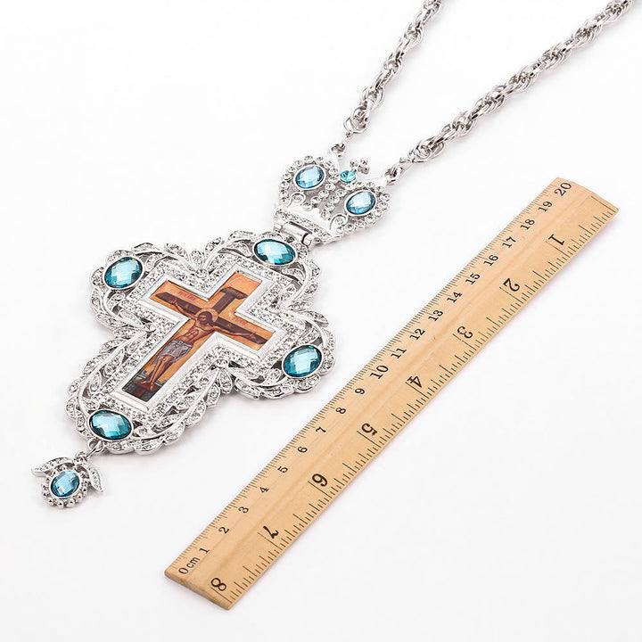 Gem-Adorned Ornate Orthodox Cross Pendant Necklace: Emblem of Redemption & Divine Glory