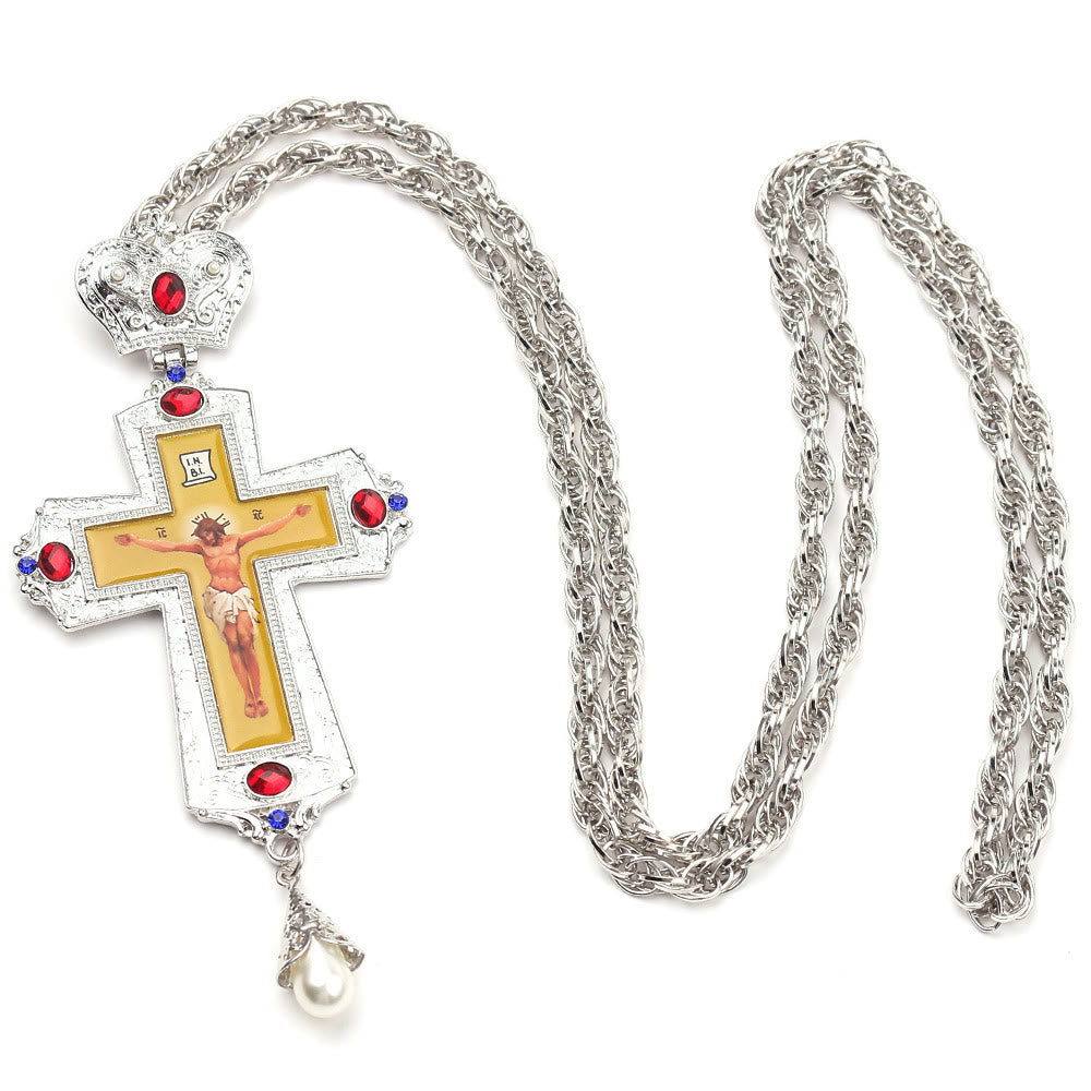 Gem-Adorned Ornate Orthodox Cross Pendant Necklace: Emblem of Redemption & Divine Glory