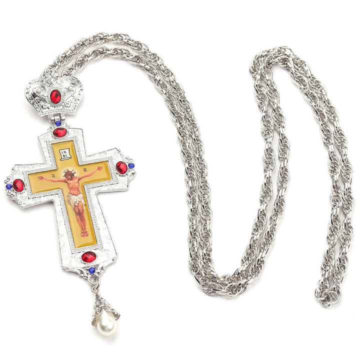 Gem-Adorned Ornate Orthodox Cross Pendant Necklace: Emblem of Redemption & Divine Glory