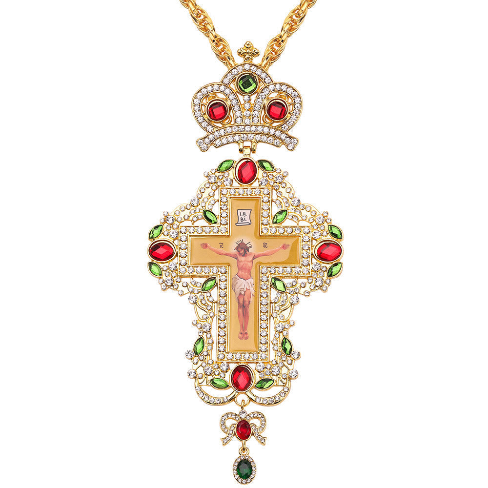 Gem-Adorned Ornate Orthodox Cross Pendant Necklace: Emblem of Redemption & Divine Glory