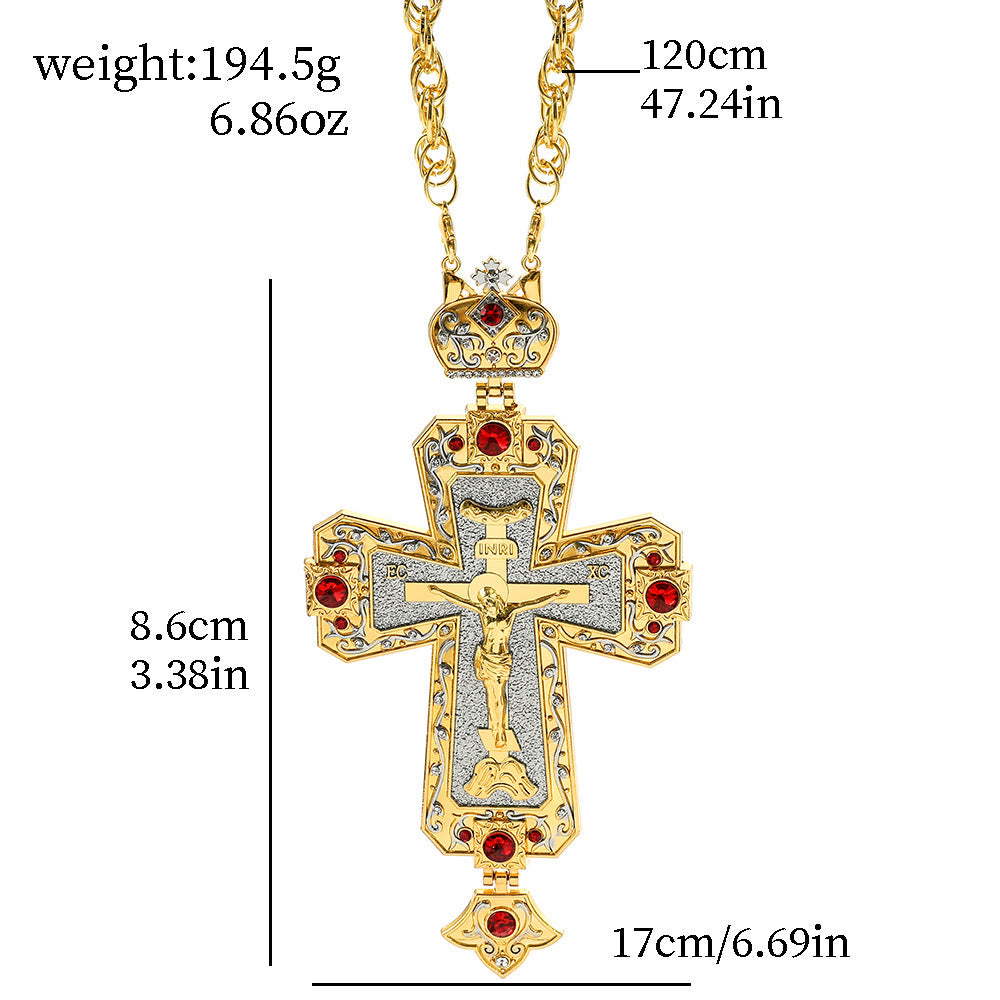 Gem-Adorned Ornate Orthodox Cross Pendant Necklace: Emblem of Redemption & Divine Glory