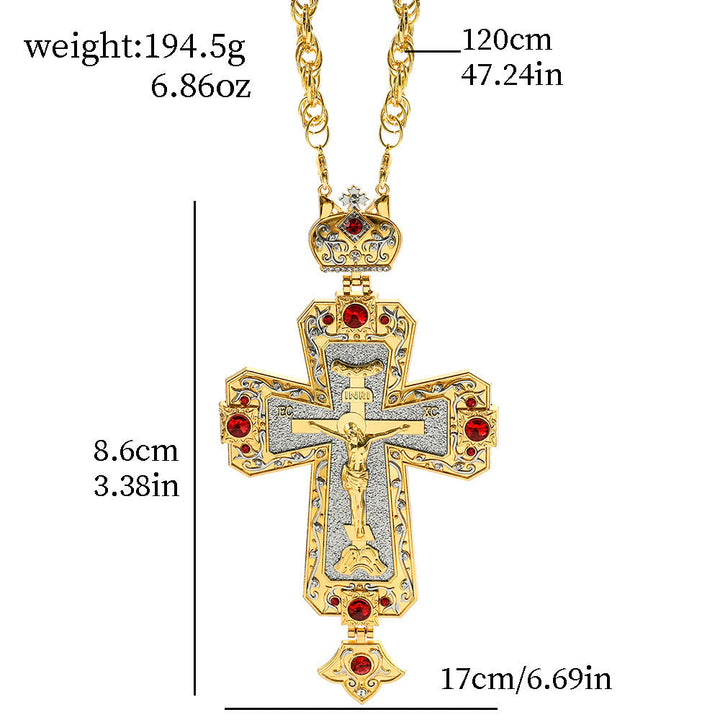 Gem-Adorned Ornate Orthodox Cross Pendant Necklace: Emblem of Redemption & Divine Glory