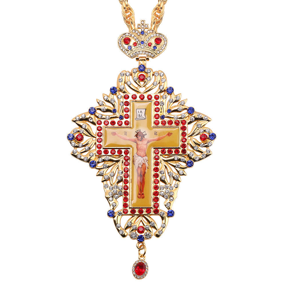 Gem-Adorned Ornate Orthodox Cross Pendant Necklace: Emblem of Redemption & Divine Glory