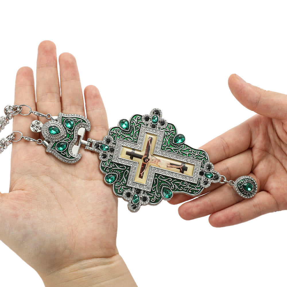 Gem-Adorned Ornate Orthodox Cross Pendant Necklace: Emblem of Redemption & Divine Glory