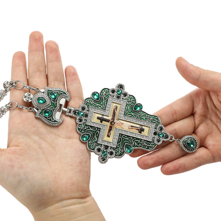 Gem-Adorned Ornate Orthodox Cross Pendant Necklace: Emblem of Redemption & Divine Glory