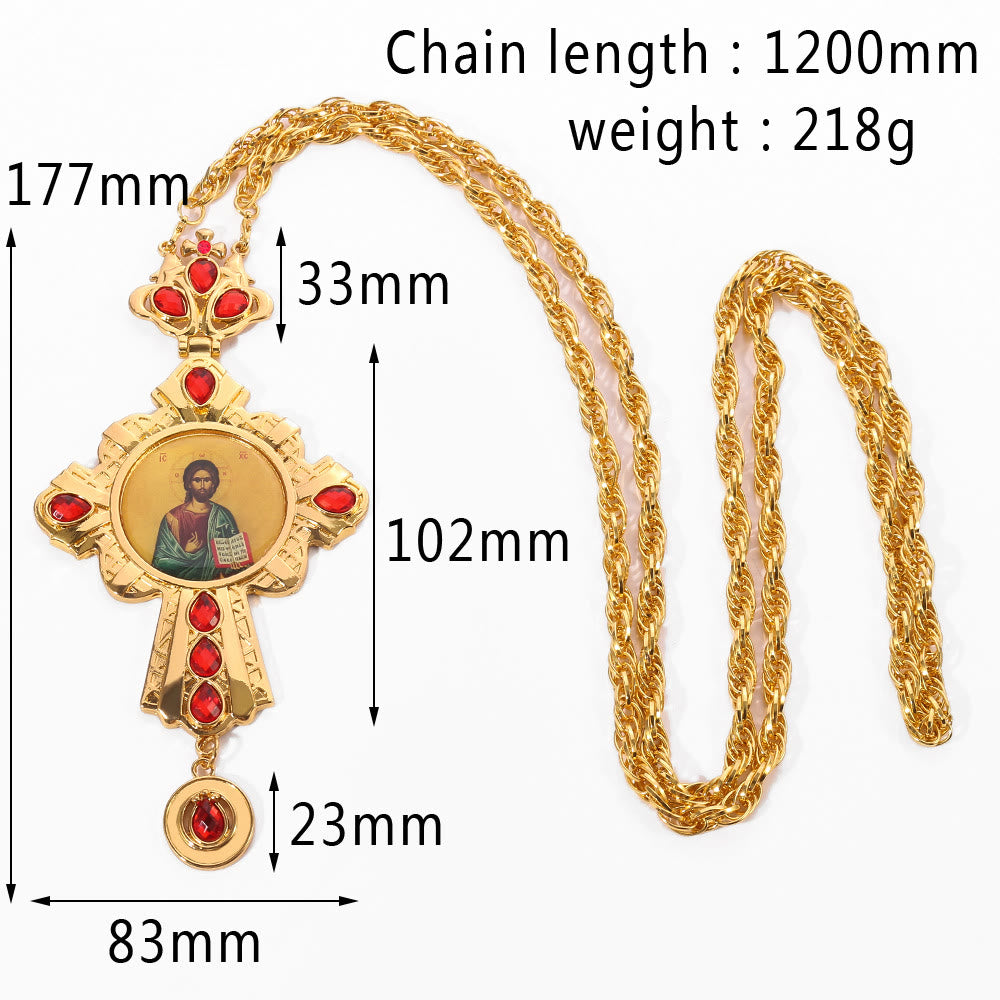Gem-Adorned Ornate Orthodox Cross Pendant Necklace: Emblem of Redemption & Divine Glory