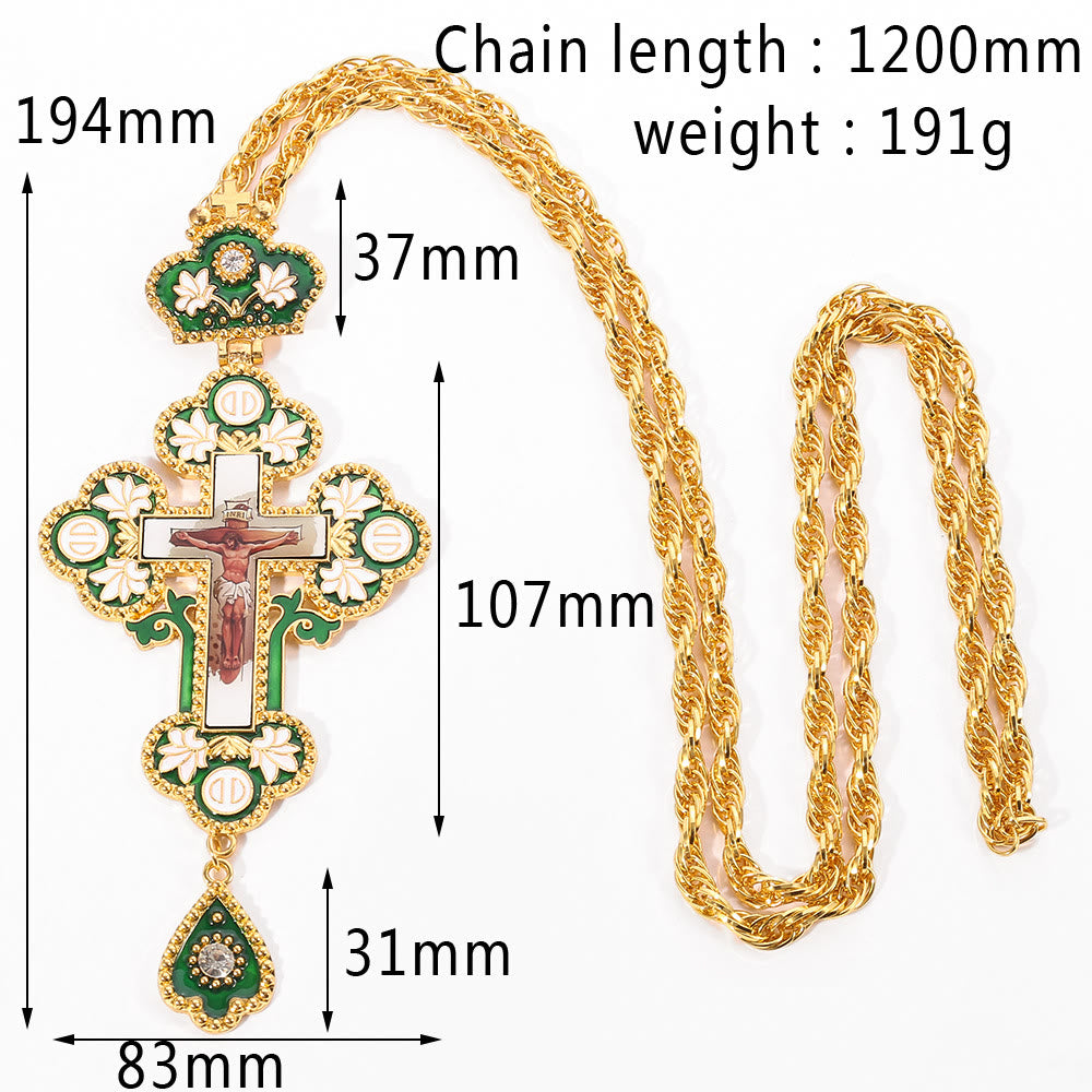 Gem-Adorned Ornate Orthodox Cross Pendant Necklace: Emblem of Redemption & Divine Glory