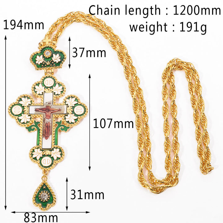 Gem-Adorned Ornate Orthodox Cross Pendant Necklace: Emblem of Redemption & Divine Glory